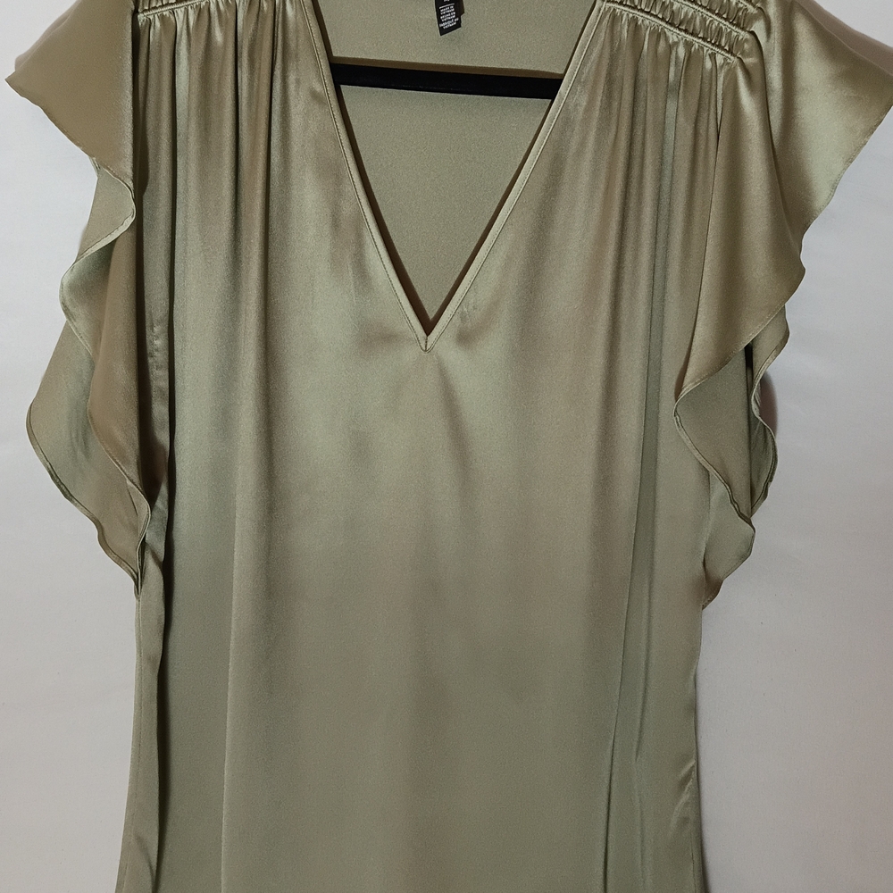 White House Black Market Olive Satin V-Neck Flutter Sleeve Top
